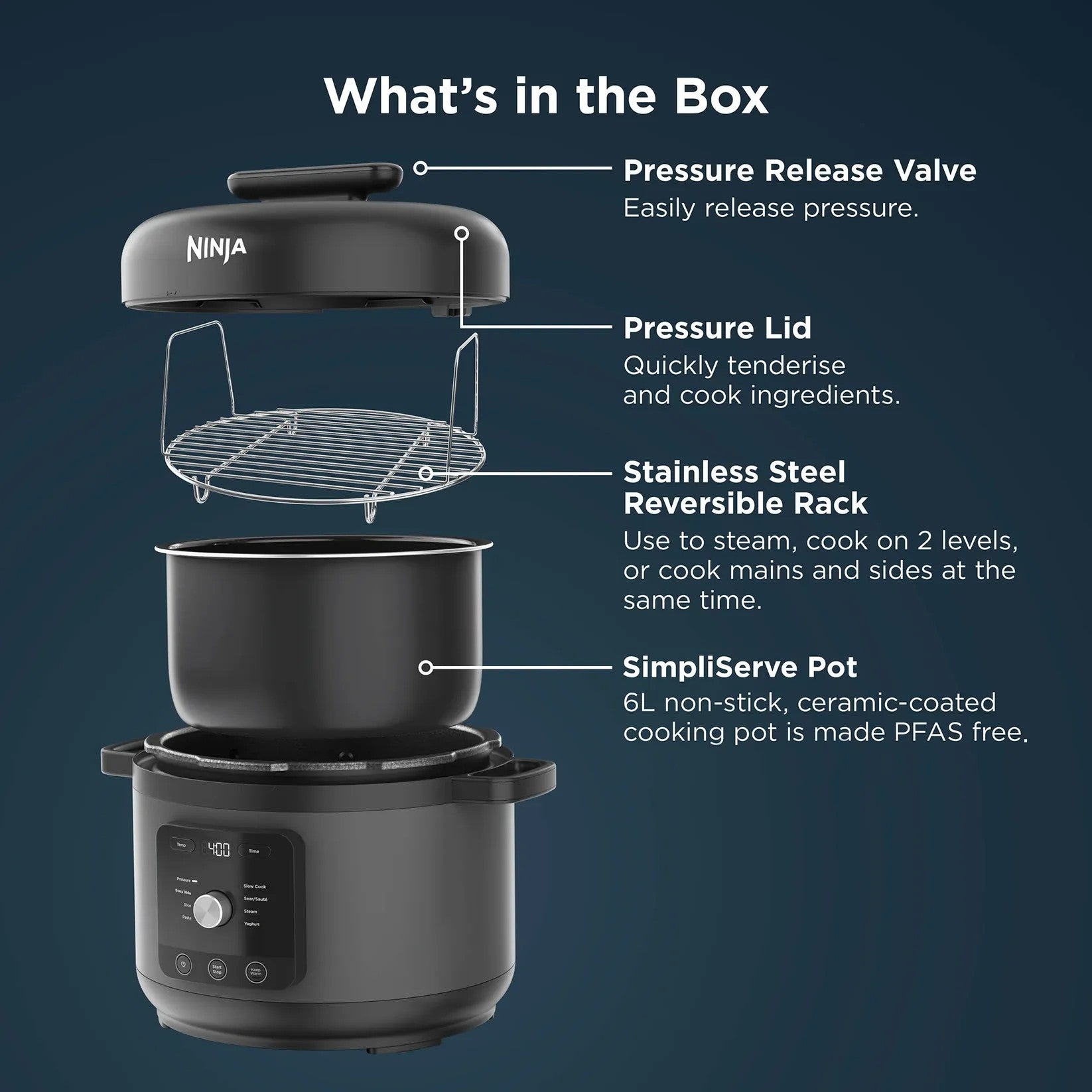 What's in the box: pressure release valve, pressure lid, stainless steel reversible rack, SimpliServe pot